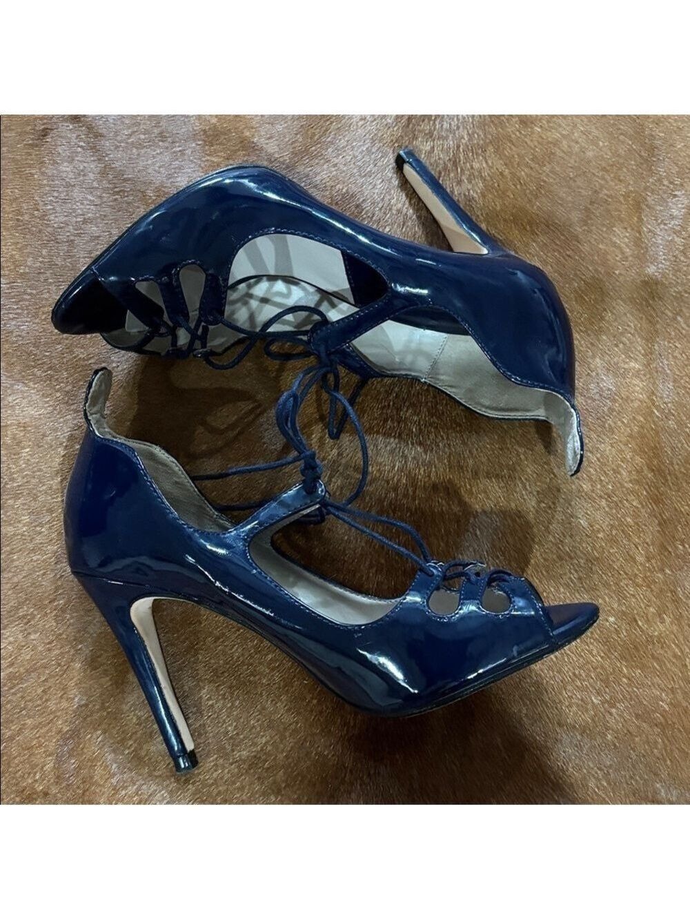 Zara Blue Patent Lace-Up Peep Toe Heel - Size 37 Euro - Picture 5 of 7